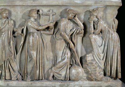 Sarcophagus of the Muses, detail depicting Terpsichore, Urania and Melpomene, c.160 AD by Roman